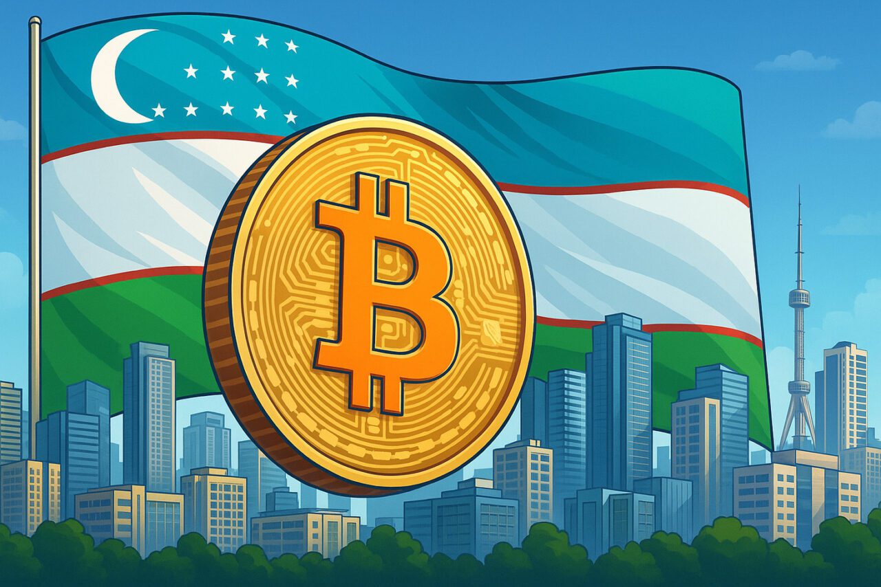 Биткоин на фоне флага Узбекистана и современного города Ташкента